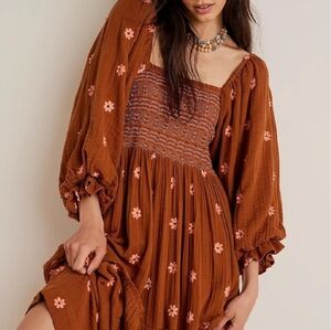 Brown Flower Embroidered Boho Maxi Dress L